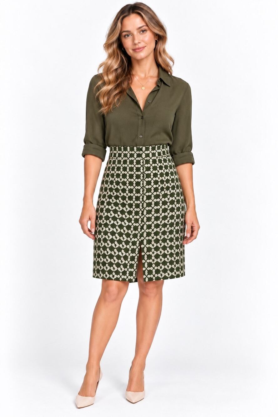 Ann Taylor Loft Olive Green & Cream Cotton & Wool Textured Knee Length Skirt